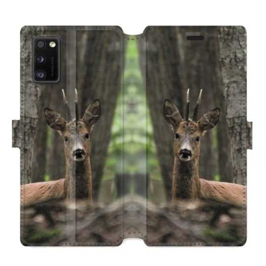 Housse cuir portefeuille pour Samsung Galaxy A41 chasse chevreuil Bois