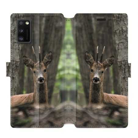 Housse cuir portefeuille pour Samsung Galaxy A41 chasse chevreuil Bois