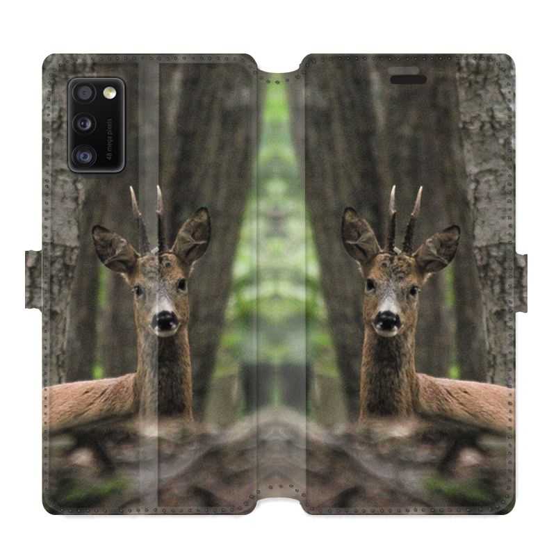 Housse cuir portefeuille pour Samsung Galaxy A41 chasse chevreuil Bois