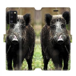 Housse cuir portefeuille pour Samsung Galaxy A41 chasse sanglier bois