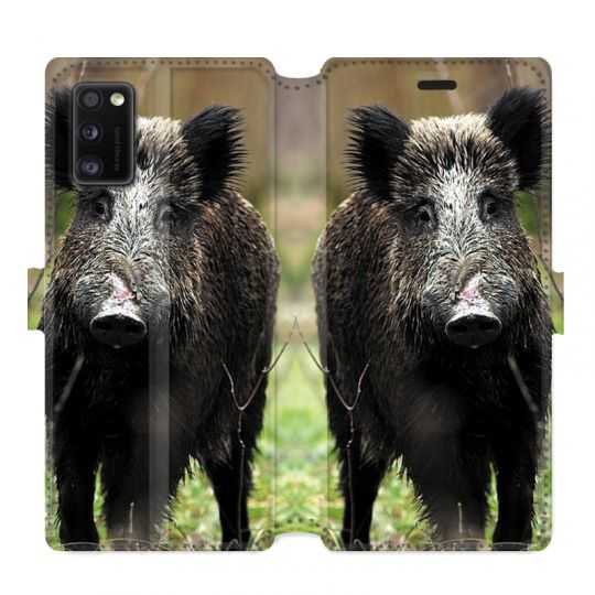 Housse cuir portefeuille pour Samsung Galaxy A41 chasse sanglier bois