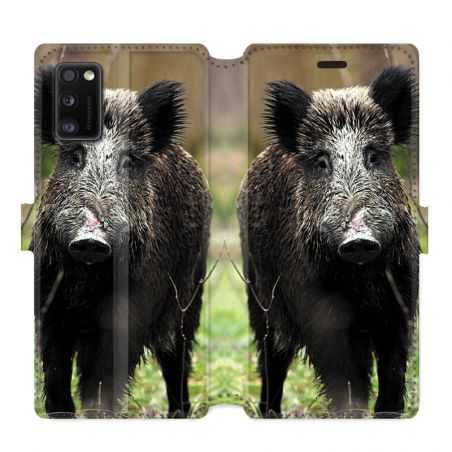 Housse cuir portefeuille pour Samsung Galaxy A41 chasse sanglier bois