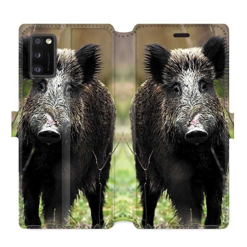 Housse cuir portefeuille pour Samsung Galaxy A41 chasse sanglier bois