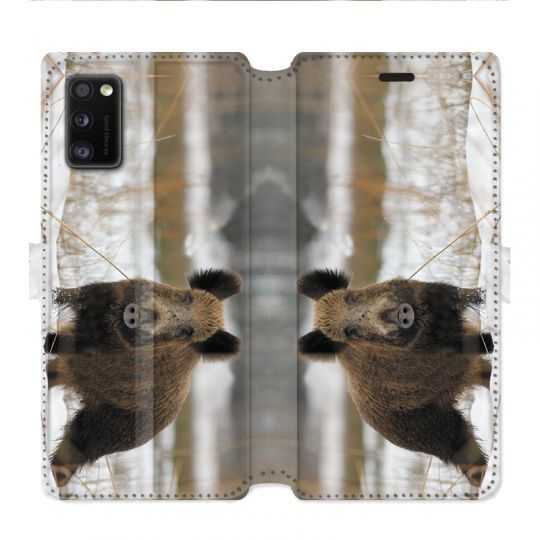 Housse cuir portefeuille pour Samsung Galaxy A41 chasse sanglier Neige