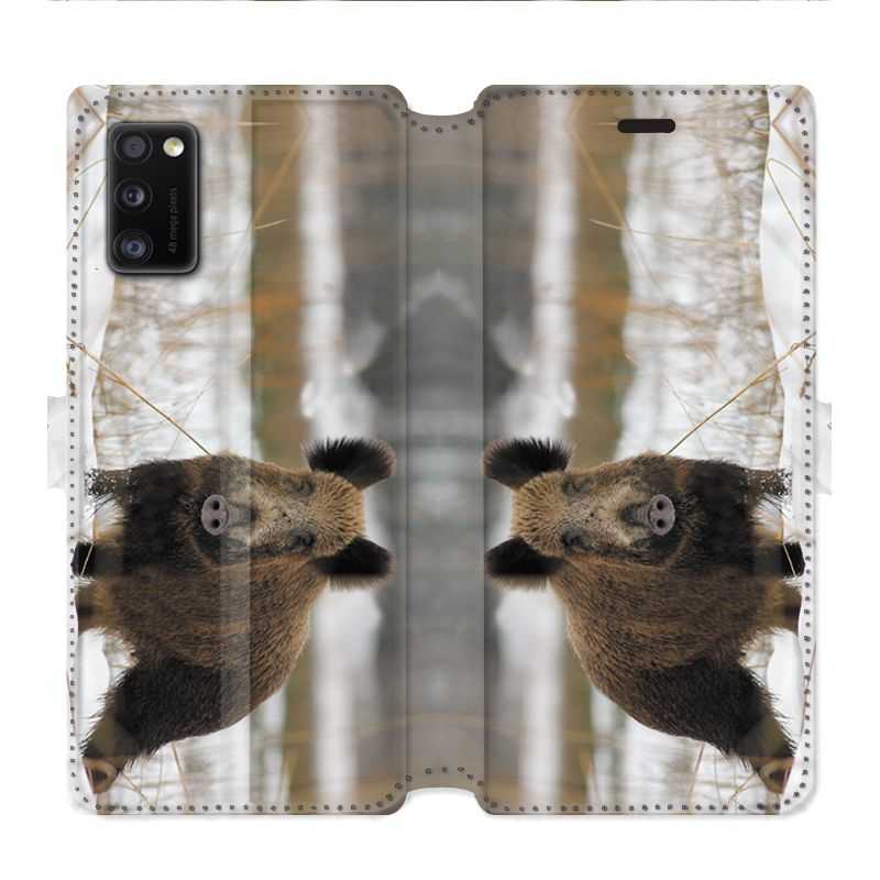 Housse cuir portefeuille pour Samsung Galaxy A41 chasse sanglier Neige