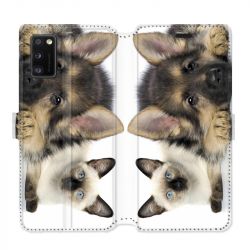 Housse cuir portefeuille pour Samsung Galaxy A41 Chien vs chat