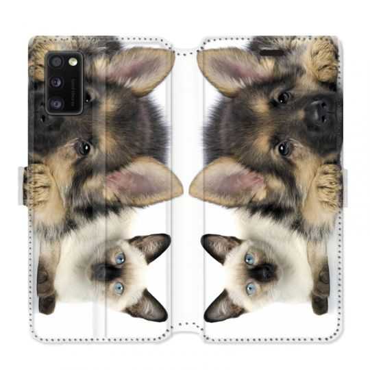 Housse cuir portefeuille pour Samsung Galaxy A41 Chien vs chat
