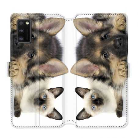 Housse cuir portefeuille pour Samsung Galaxy A41 Chien vs chat