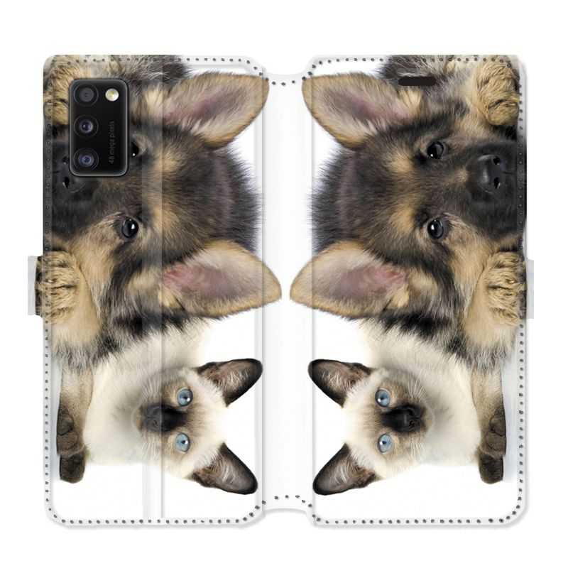 Housse cuir portefeuille pour Samsung Galaxy A41 Chien vs chat