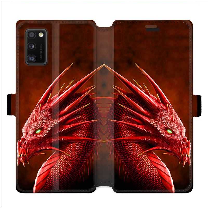 Housse cuir portefeuille pour Samsung Galaxy A41 Dragon Rouge