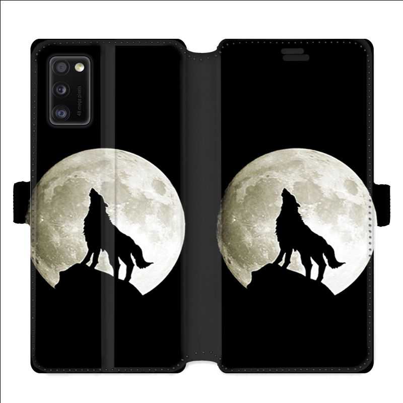 Housse cuir portefeuille pour Samsung Galaxy A41 Loup Noir