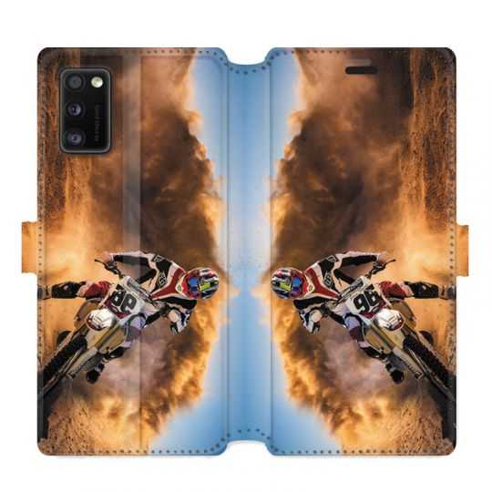 Housse cuir portefeuille pour Samsung Galaxy A41 Moto Cross Blanc