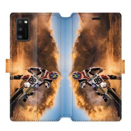 Housse cuir portefeuille pour Samsung Galaxy A41 Moto Cross Blanc
