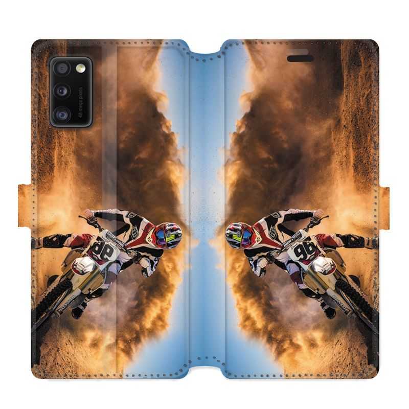 Housse cuir portefeuille pour Samsung Galaxy A41 Moto Cross Blanc