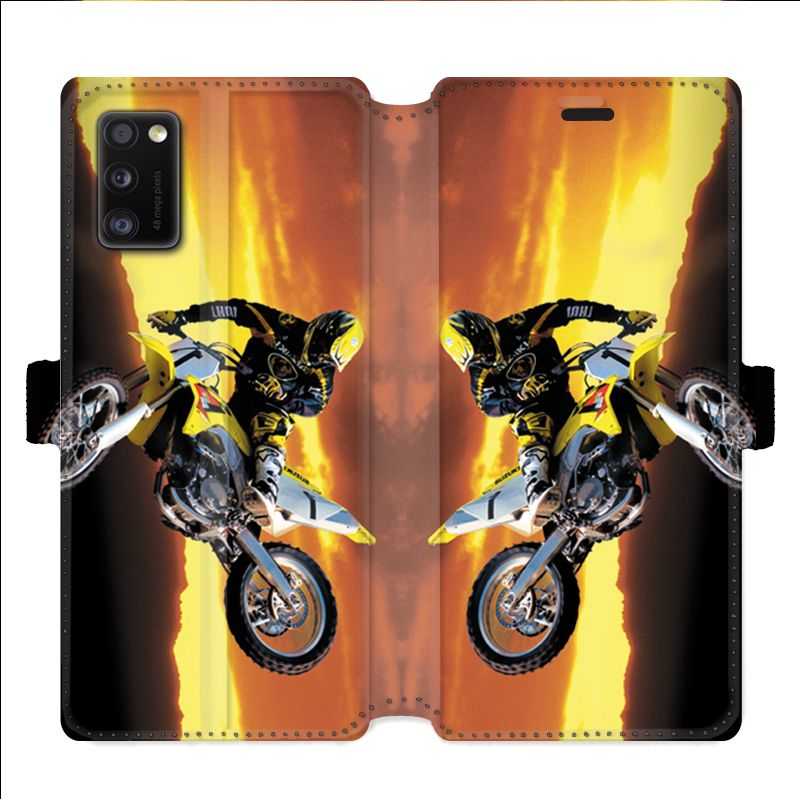 Housse cuir portefeuille pour Samsung Galaxy A41 Moto Cross Noir