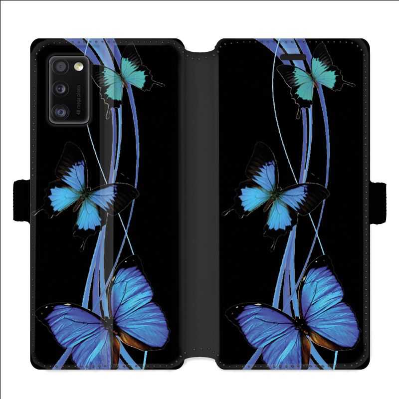 Housse cuir portefeuille pour Samsung Galaxy A41 papillons bleu
