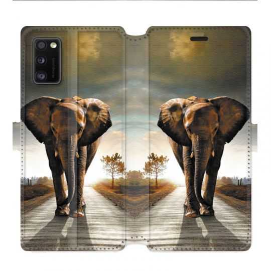 Housse cuir portefeuille pour Samsung Galaxy A41 savane Elephant route