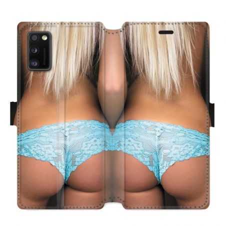 Housse cuir portefeuille pour Samsung Galaxy A41 Sexy tanga bleu