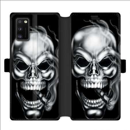 Housse cuir portefeuille pour Samsung Galaxy A41 tete de mort Fume