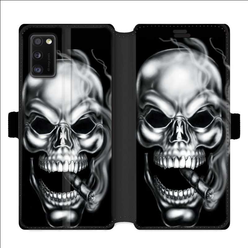 Housse cuir portefeuille pour Samsung Galaxy A41 tete de mort Fume