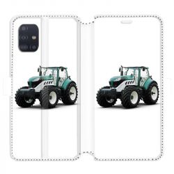 Housse cuir portefeuille pour Samsung Galaxy A51 Agriculture Tracteur Blanc