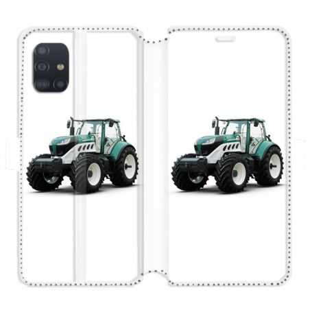 Housse cuir portefeuille pour Samsung Galaxy A51 Agriculture Tracteur Blanc