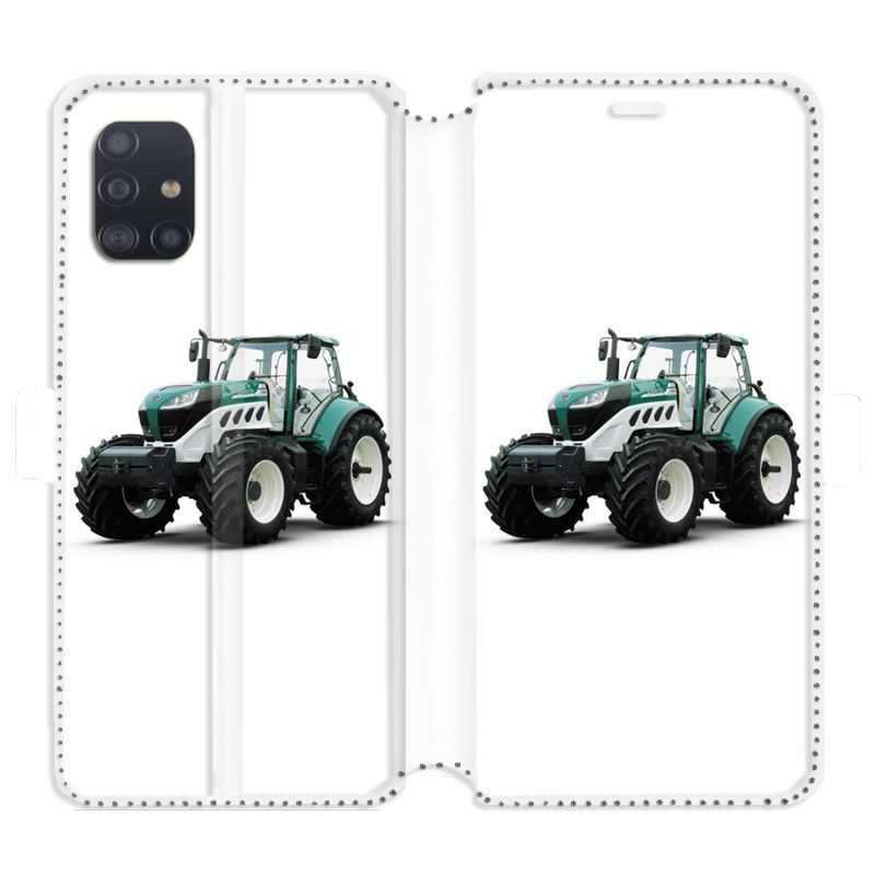 Housse cuir portefeuille pour Samsung Galaxy A51 Agriculture Tracteur Blanc