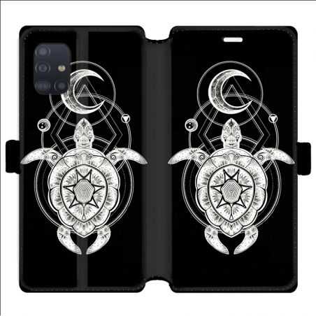 Housse cuir portefeuille pour Samsung Galaxy A51 Animaux Maori Tortue noir