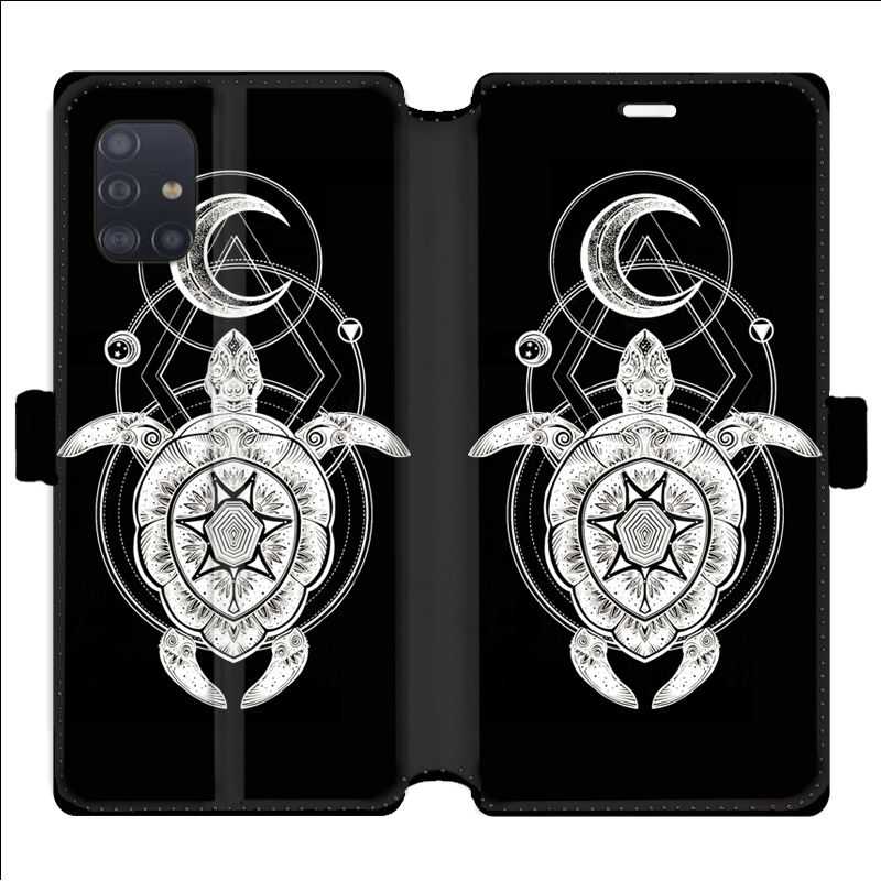 Housse cuir portefeuille pour Samsung Galaxy A51 Animaux Maori Tortue noir