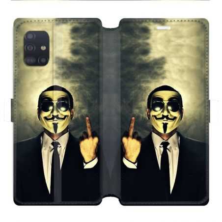Housse cuir portefeuille pour Samsung Galaxy A51 Anonymous doigt