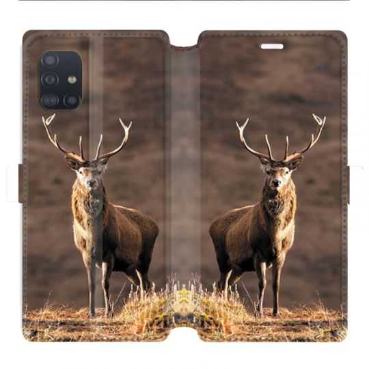 Housse cuir portefeuille pour Samsung Galaxy A51 chasse chevreuil Blanc