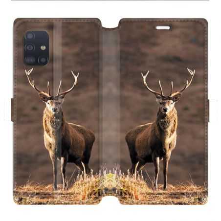 Housse cuir portefeuille pour Samsung Galaxy A51 chasse chevreuil Blanc