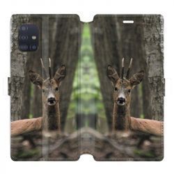 Housse cuir portefeuille pour Samsung Galaxy A51 chasse chevreuil Bois
