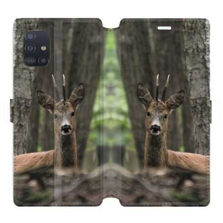 Housse cuir portefeuille pour Samsung Galaxy A51 chasse chevreuil Bois