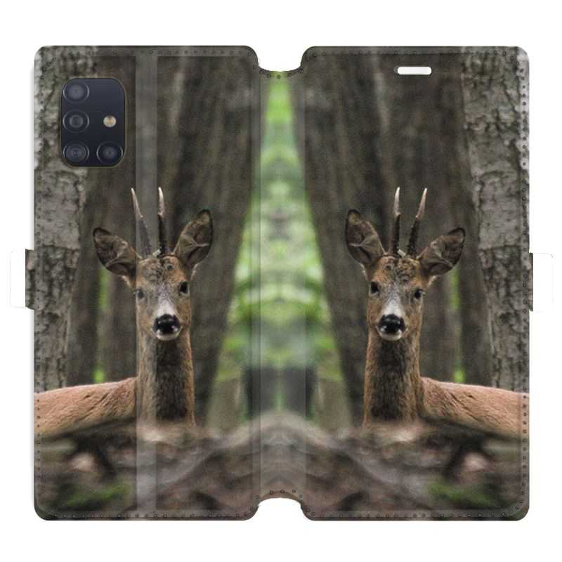Housse cuir portefeuille pour Samsung Galaxy A51 chasse chevreuil Bois