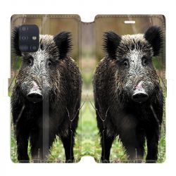 Housse cuir portefeuille pour Samsung Galaxy A51 chasse sanglier bois