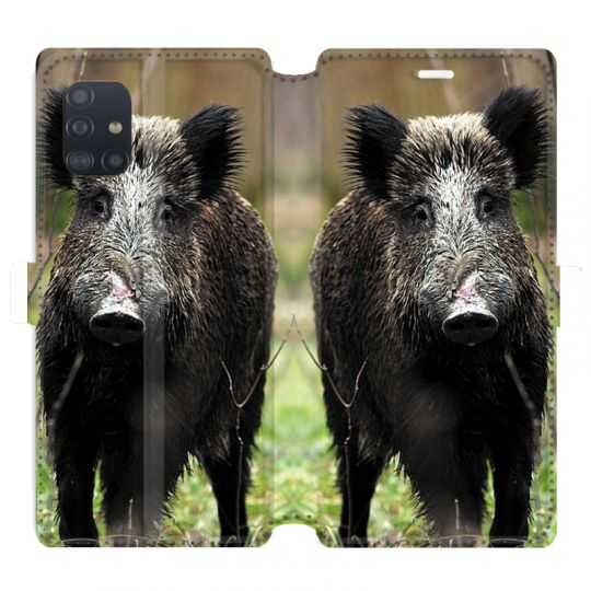Housse cuir portefeuille pour Samsung Galaxy A51 chasse sanglier bois