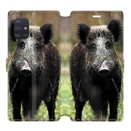 Housse cuir portefeuille pour Samsung Galaxy A51 chasse sanglier bois