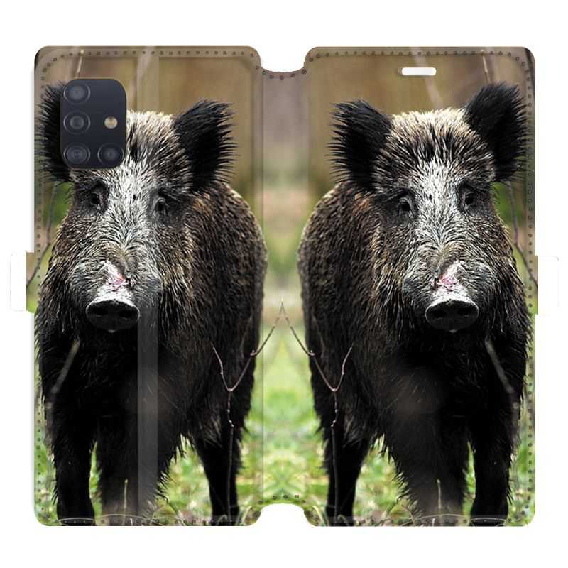 Housse cuir portefeuille pour Samsung Galaxy A51 chasse sanglier bois