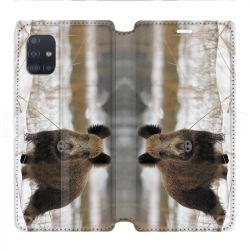 Housse cuir portefeuille pour Samsung Galaxy A51 chasse sanglier Neige