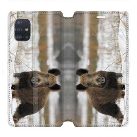 Housse cuir portefeuille pour Samsung Galaxy A51 chasse sanglier Neige