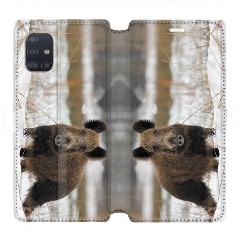 Housse cuir portefeuille pour Samsung Galaxy A51 chasse sanglier Neige