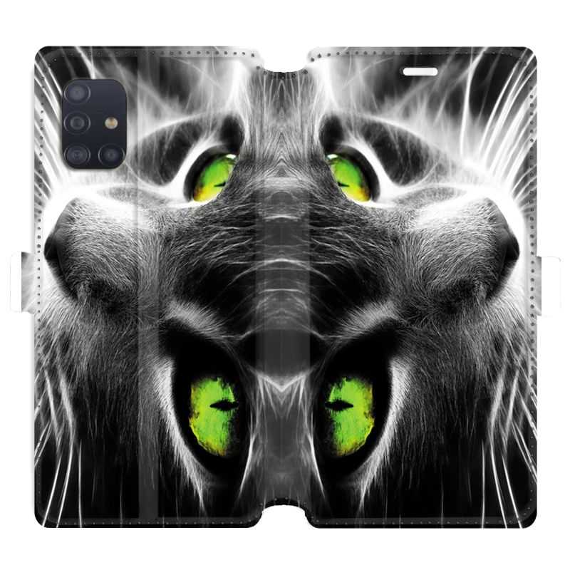 Housse cuir portefeuille pour Samsung Galaxy A51 Chat Vert