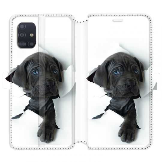 Housse cuir portefeuille pour Samsung Galaxy A51 Chien noir