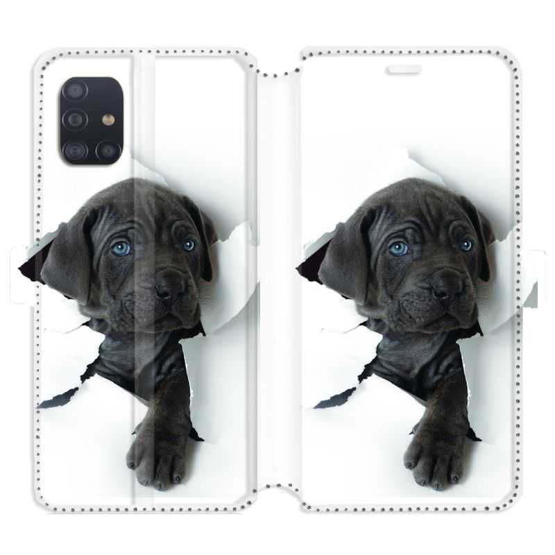 Housse cuir portefeuille pour Samsung Galaxy A51 Chien noir