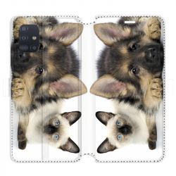 Housse cuir portefeuille pour Samsung Galaxy A51 Chien vs chat