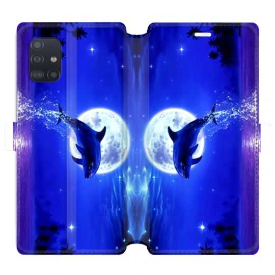 Housse cuir portefeuille pour Samsung Galaxy A51 Dauphin lune