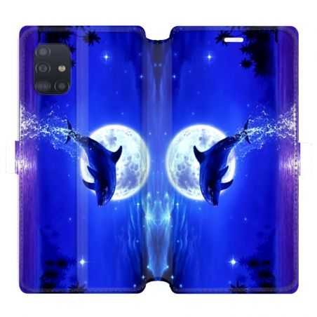 Housse cuir portefeuille pour Samsung Galaxy A51 Dauphin lune