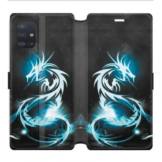 Housse cuir portefeuille pour Samsung Galaxy A51 Dragon Bleu