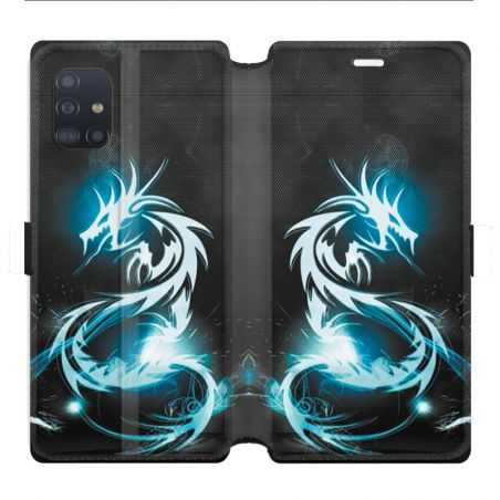 Housse cuir portefeuille pour Samsung Galaxy A51 Dragon Bleu